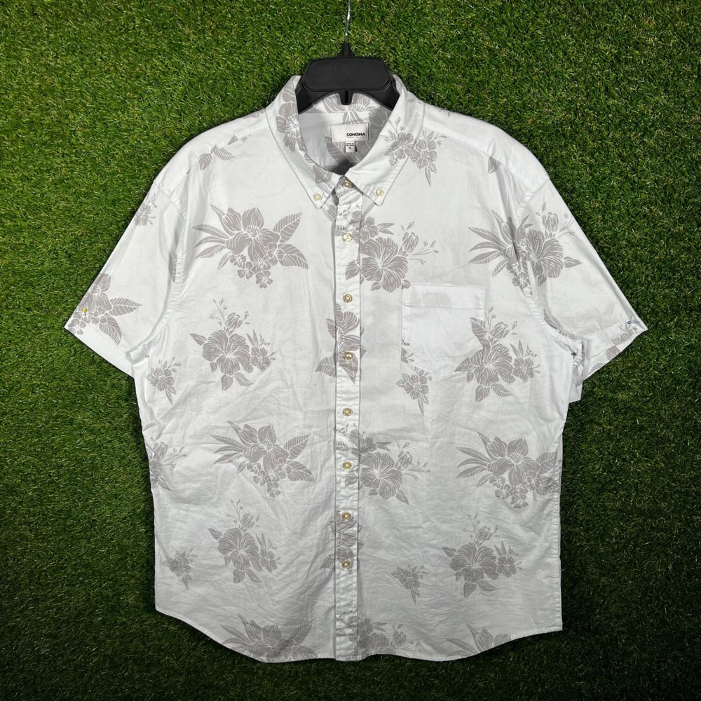 Sonoma Mens XL‎ White Grey Floral Hibiscus Short Sleeve Button Down Shirt